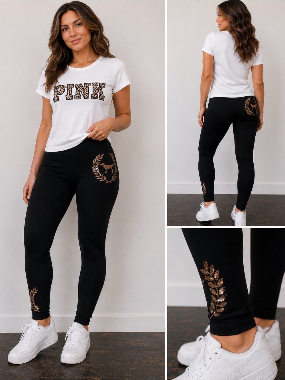 PINK Victoria's Secret Black Leggings with Metallic Laurel Detail